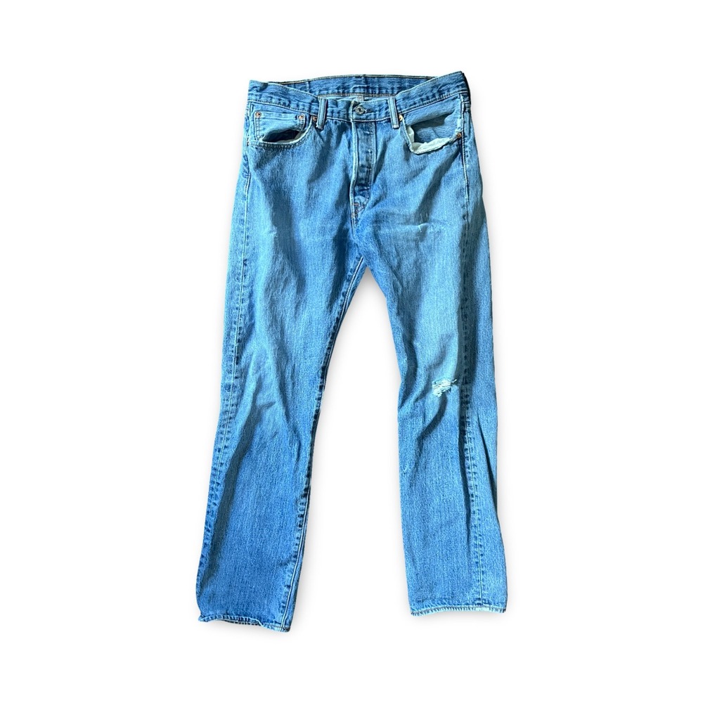 Levis 501 Jeans Men's 33x32 Blue Denim Button Fly Straight Leg Distressed